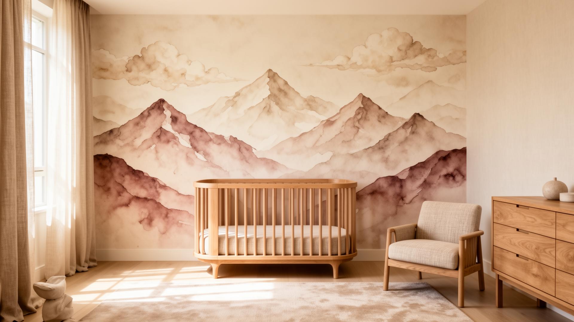 Custom watercolor mountain mural in a luxurious nursery